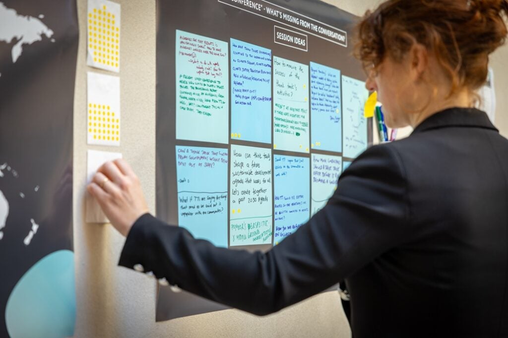 On the wall is a poster where conference participants have written session proposals. A woman is reaching for a yellow sticker to vote for a session.